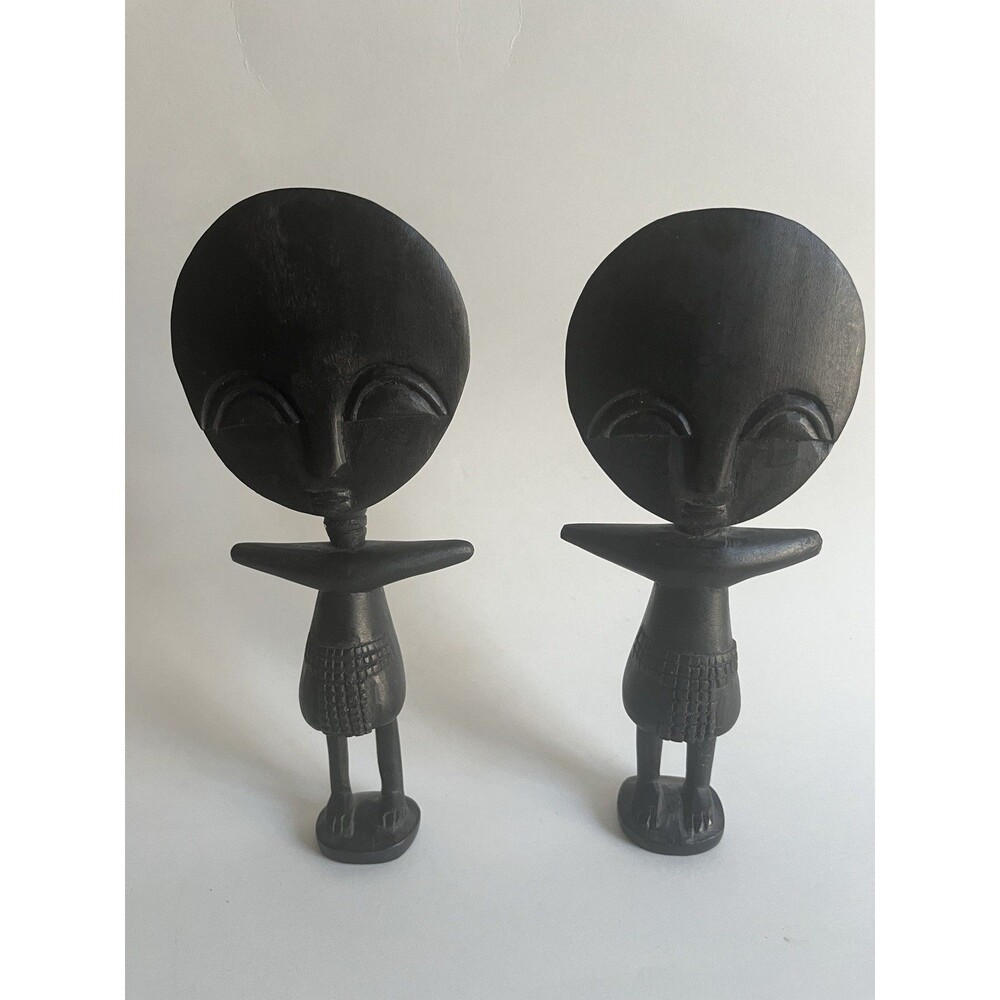 Vintage African Hand Carved Wood Figurines Pair 8” Ashanti Akan Style Fertility